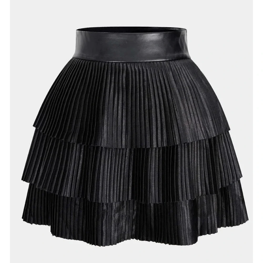 Micas Black Satin Finish Pleated Layered Mini Skirt XL Faux Leather Waistband
